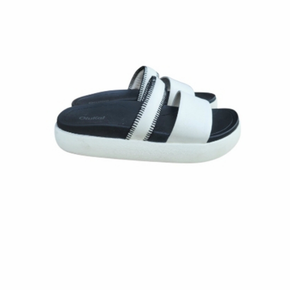 OluKai Pae Leather Platform Slip on Walk Slide Sandal White Black Lava Women 9